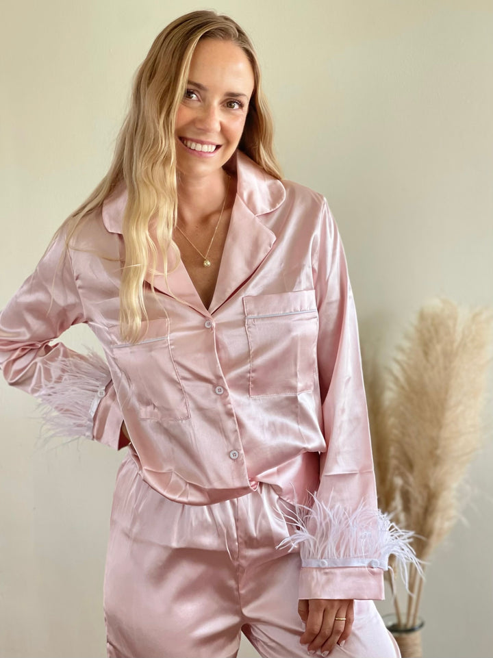 Pijama Largo Plumas Rosa